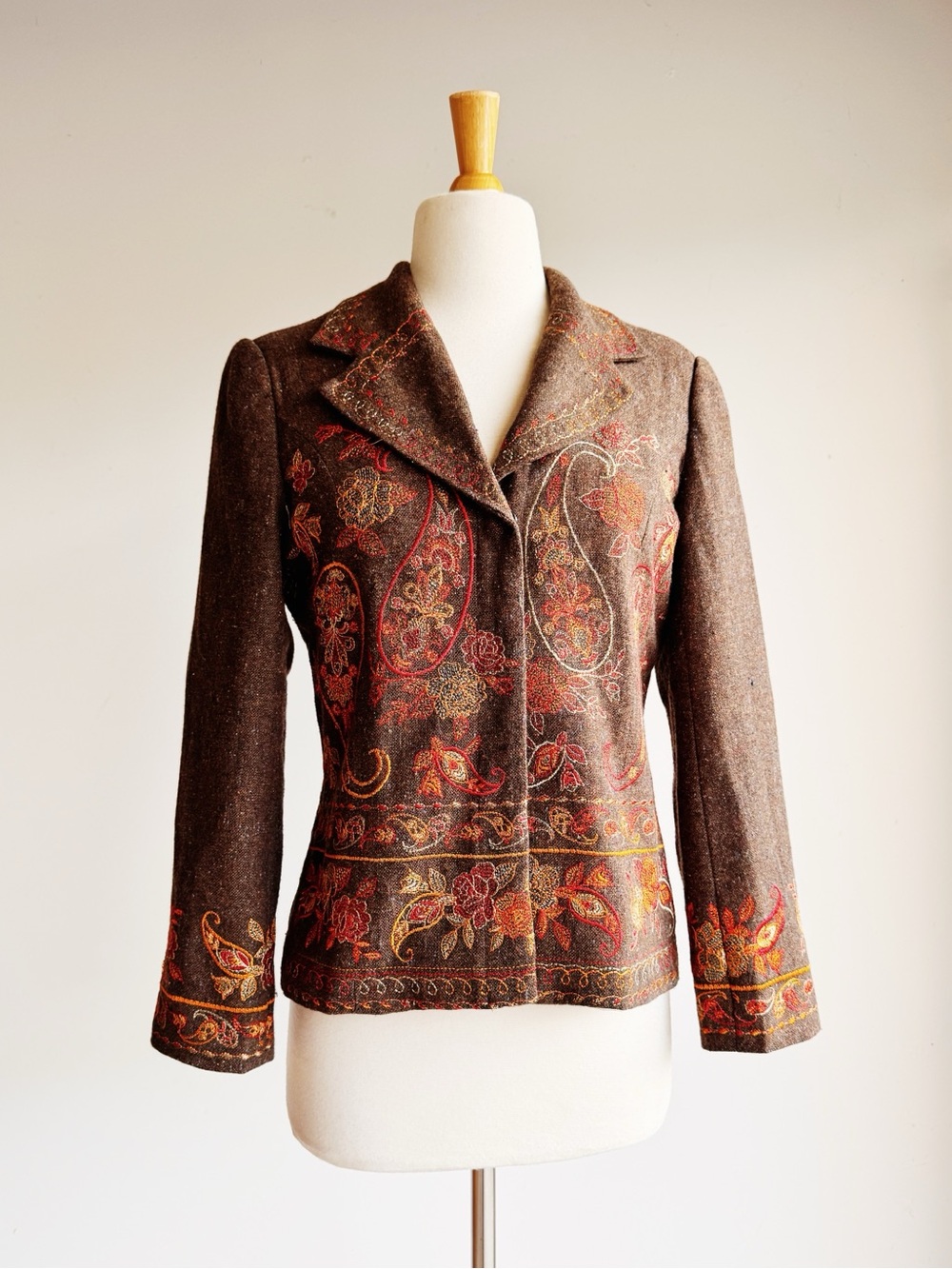 Coldwater Creek Wool Blend Embroidered Paisley Blazer Brown PXS
